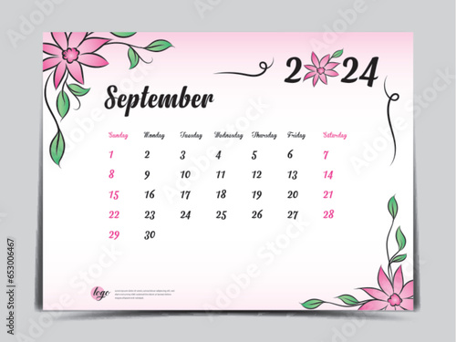 Calendar 2024 template on pink flowers background, September 2024 template, Monthly calendar planner artwork, Desk calendar 2024 design, Wall Calendar design, Poster, simple, vector eps10