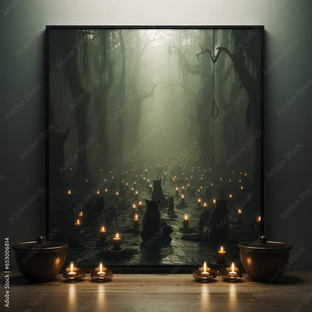 In the style of a witches' coven, amidst a misty forest, black cats