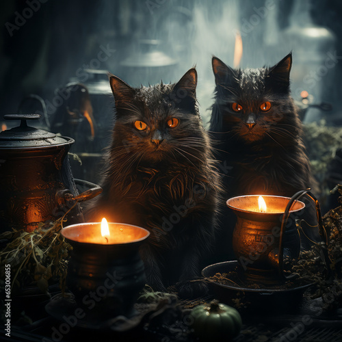 In the style of a witches' coven, amidst a misty forest, black cats gather around a bubbling cauldron, creating an enchanting scene straight out of a magical tale.