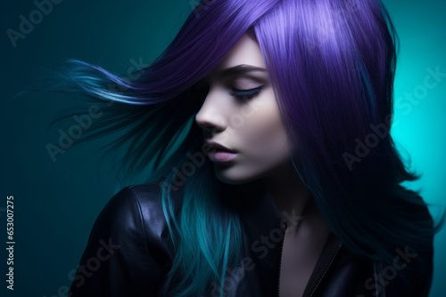 Wallpaper Mural Pensive young girl with purple hair in front of a dark and turquoise background. Torontodigital.ca