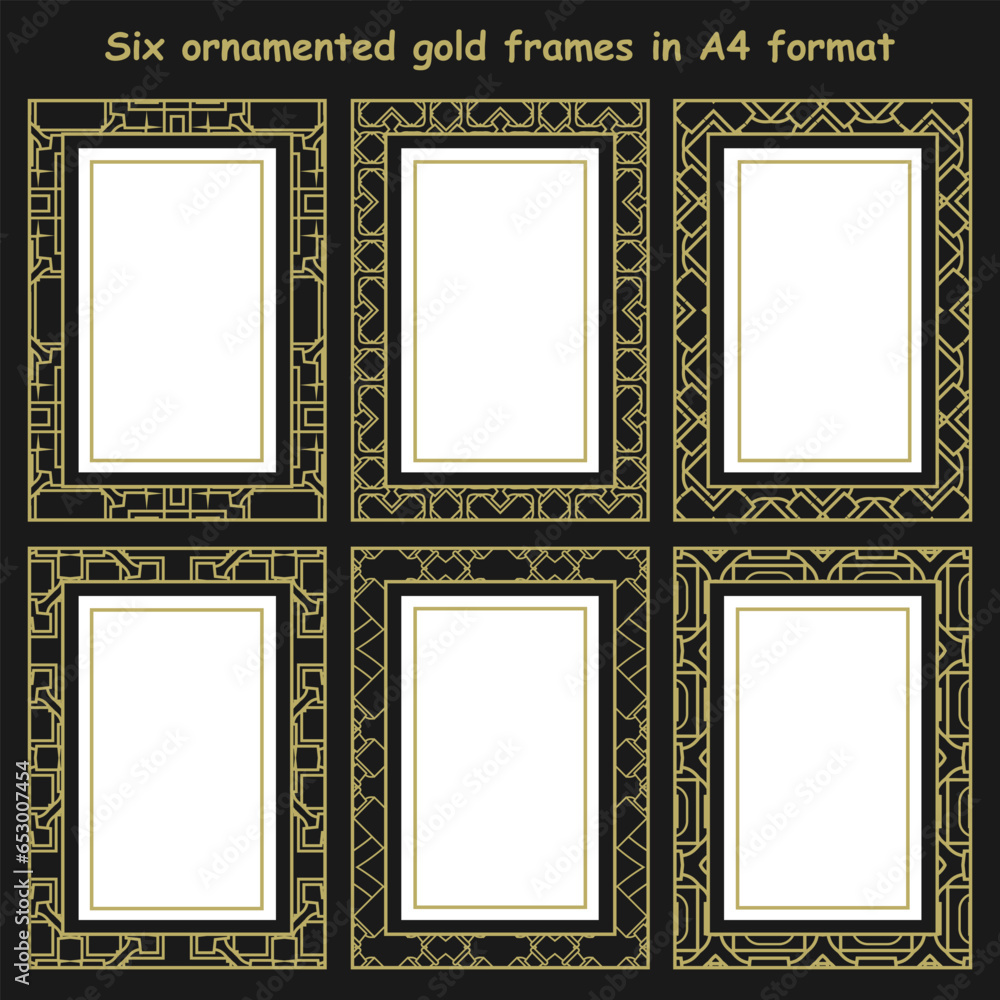 Six ornamented gold frames in A4 format. Elegant decoration for photos, pictures, covers and more. Vector set Six ornamented gold frames in A4 format. Elegant decoration for photos, pictures, covers and more. Vector set