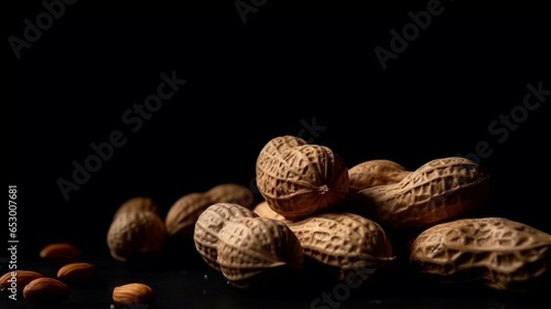 Peanuts isolated on black background. Heap of peanuts closeup, beer snack