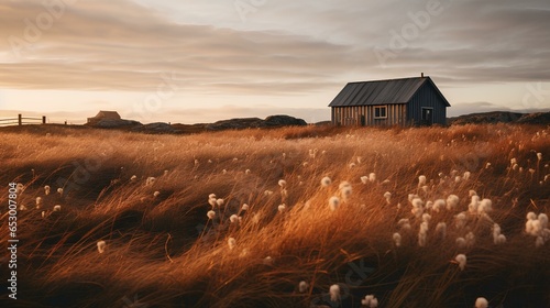 Brown wooden house in the middle of grass field. a tranquil and peaceful landscape of the countryside and a friendly wooden cabin. generative AI
