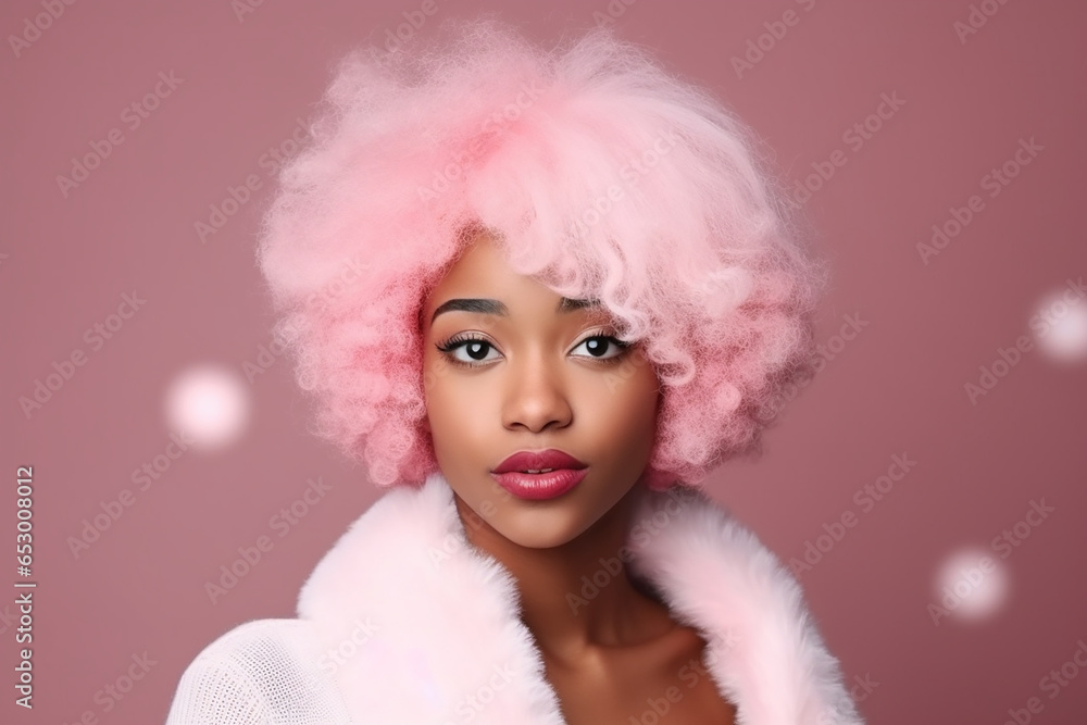 Afro-american woman with pink hair at a pink party. Generative AI Afro-american woman with pink hair at a pink party. Generative AI