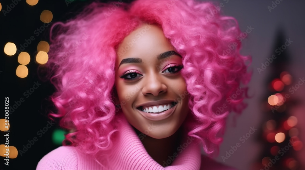 Young smiling afro-american woman with pink hair at a pink party. Generative AI