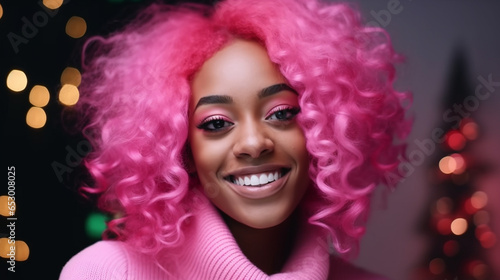 Young smiling afro-american woman with pink hair at a pink party. Generative AI
