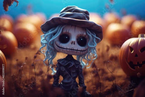 Creepy cute scarecrow figurine toy in jack-o-lantern pumpkin patch, vintage Victorian era clothing, halloween dark art, skull face with unholy big eyes and unruly craggy hairstyle.