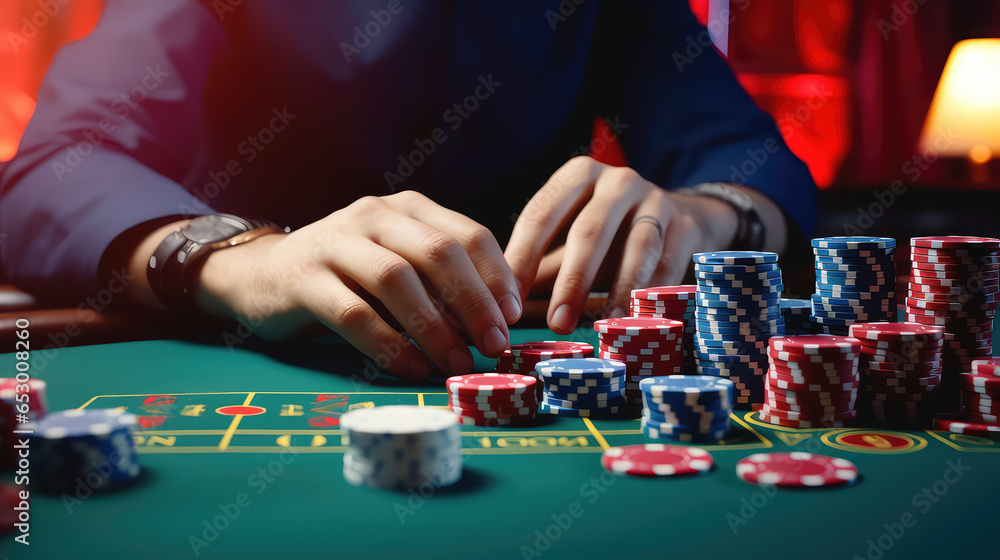 The hands of a male croupier with stacks of playing chips. Casino, gambling, betting concept. The hands of a male croupier with stacks of playing chips. Casino, gambling, betting concept.