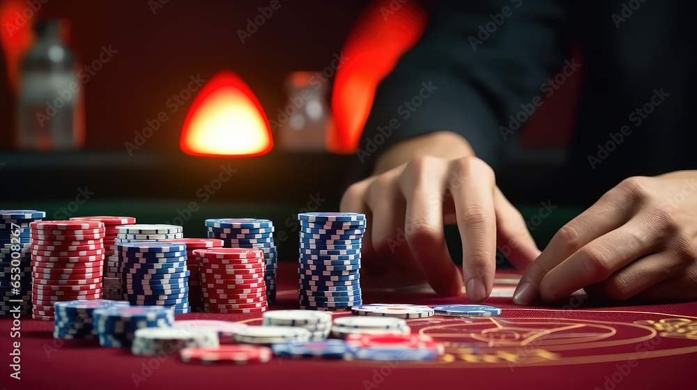 The hands of a male croupier with stacks of playing chips. Casino, gambling, betting concept. The hands of a male croupier with stacks of playing chips. Casino, gambling, betting concept.