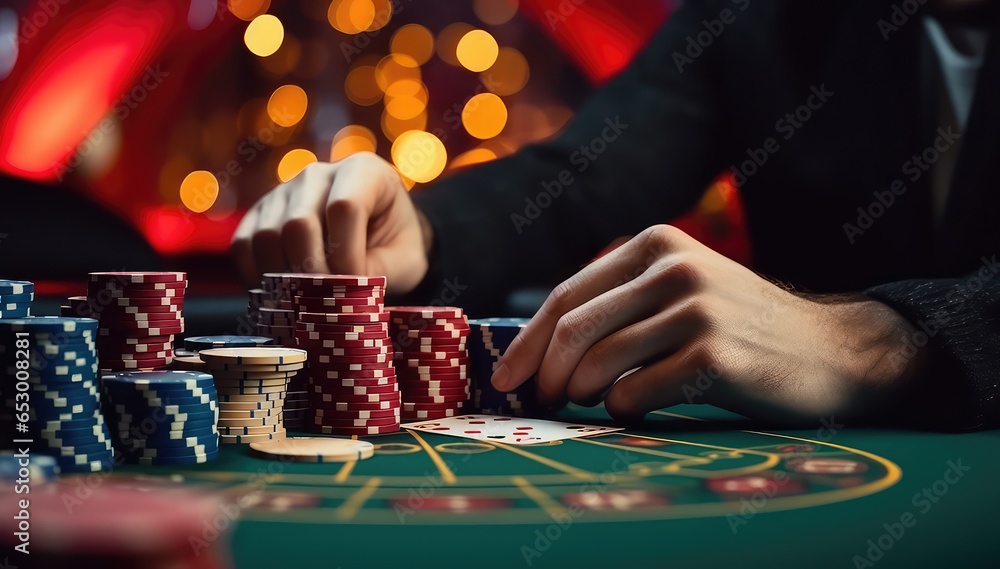 The hands of a male croupier with stacks of playing chips. Casino, gambling, betting concept. The hands of a male croupier with stacks of playing chips. Casino, gambling, betting concept.