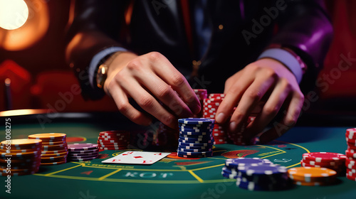 The hands of a male croupier with stacks of playing chips. Casino, gambling, betting concept. 
