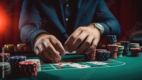 The hands of a male croupier with stacks of playing chips. Casino, gambling, betting concept. 