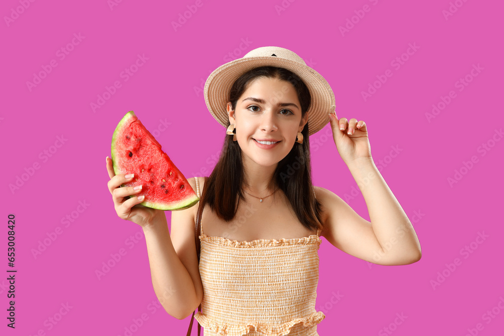 Young woman with fresh watermelon on purple background Young woman with fresh watermelon on purple background