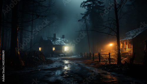 Spooky night, foggy forest, old ruin, abandoned hut, eerie atmosphere generated by AI