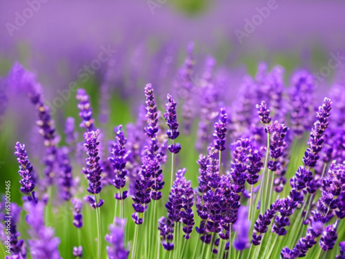 Lavender flowers close up. Beautiful tall long purple and lilac lavender inflorescences. Tilt shift style. Anamorphic bokeh. Abstract floral illustration generated by AI. Lavender scent. Summer field. © Iuliia