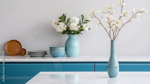 Vase with fresh spring flowers on dinning table on the background of modern kitchen in Scandinavian interior style. Light white blue colors. 