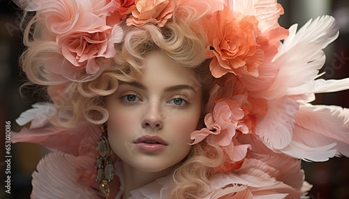 A beautiful young woman with blond hair and a pink flower generated by AI