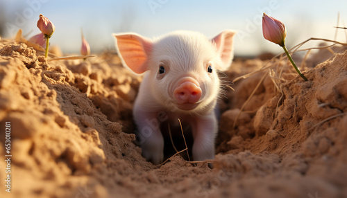 Cute piglet on a farm, enjoying the outdoors in summer generated by AI © grgroup