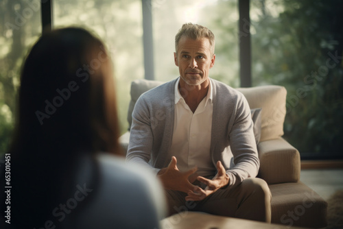 A serene scene of a psychologist guiding a patient through a mindfulness meditation exercise, emphasizing mental well-being. Generative Ai