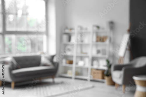 Blurred view of living room with sofa and shelf unit