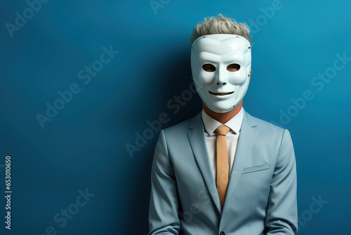 young businessman wearing a white mask standing in the right side of the image leaving copy space against a blue background