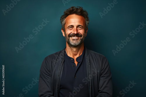 middle age man smiling in front a green seamless background
