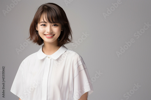 10代の白いシャツを着た微笑む美しい女性