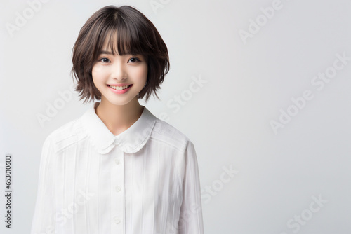 10代の白いシャツを着た微笑む美しい女性
