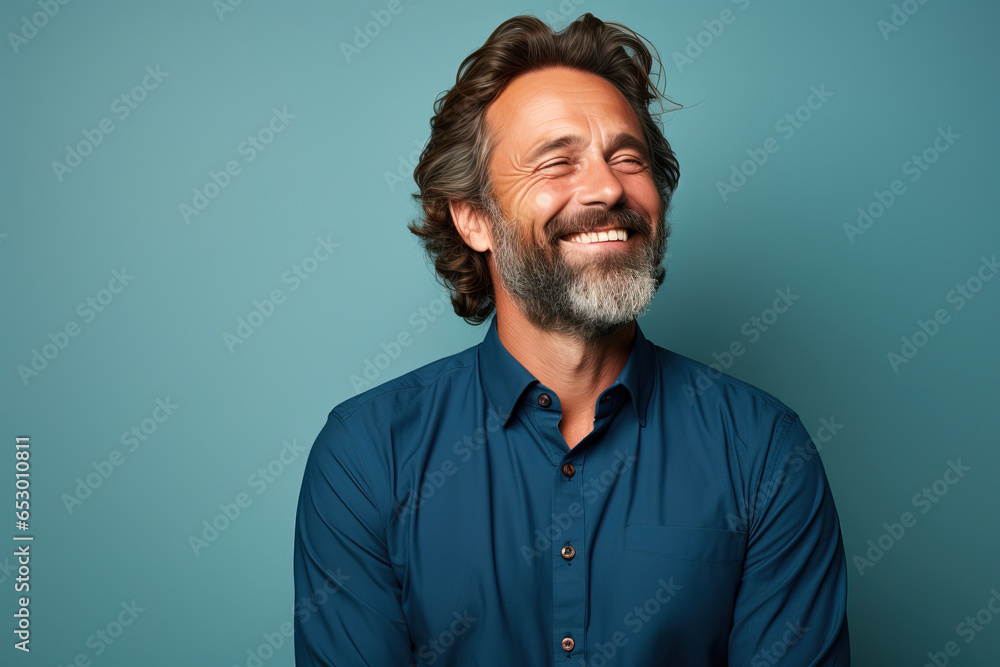 middle age man wearing a blue shirt looking to the side smiling in against a green background - obrazy, fototapety, plakaty 