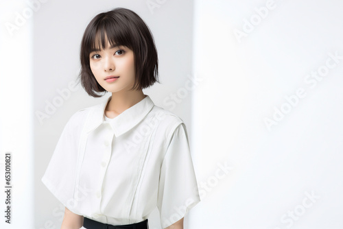 10代の白いシャツを着た微笑む美しい女性