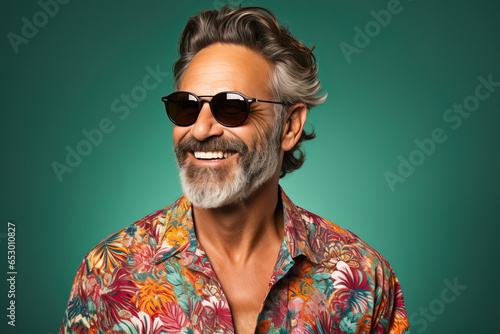 middle age man smiling wearing infromal clothes wearing sunglasses against a green background
