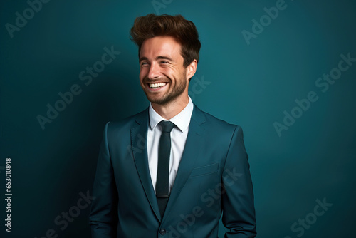 young man smiling wearing formal clothes against a blue background leaving copy space.