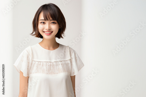 20代の白いシャツを着た微笑む美しい女性