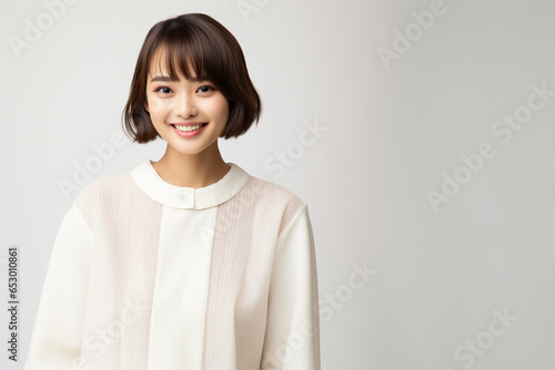 20代の白いシャツを着た微笑む美しい女性