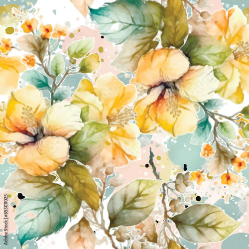Watercolor beautiful yellow chinese roses seamless pattern. Dirty watercolor romantic background. Hand drawn paint blossom flowers, leaves. Modern textured artistic ornaments. Endless grunge texture © Naila Zeynalova