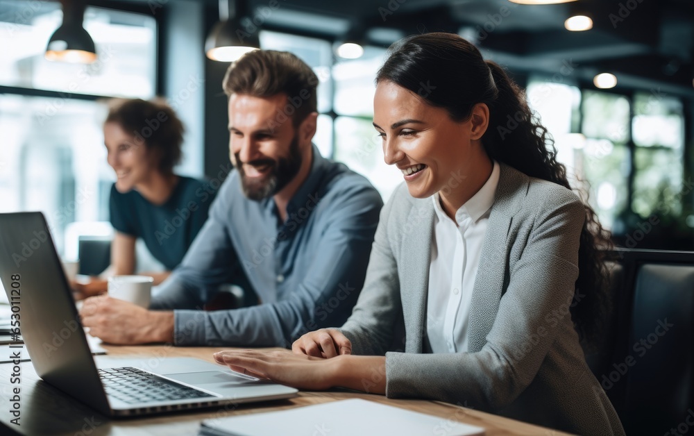 A man and a woman are smiling and working on their laptops in an office. Generative AI A man and a woman are smiling and working on their laptops in an office. Generative AI