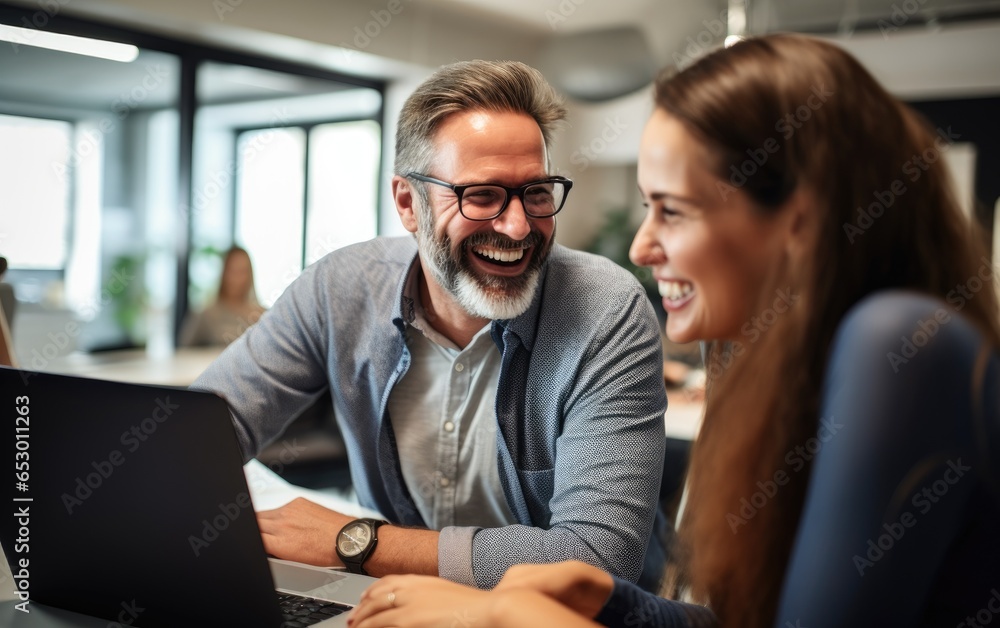 A man and a woman are smiling and working on their laptops in an office. Generative AI A man and a woman are smiling and working on their laptops in an office. Generative AI
