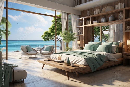 Experience unparalleled relaxation in this modern bedroom, perfectly poised to embrace the beach's scenic beauty. Neutral undertones with bursts of oceanic blues and greens harmonize with nature © Kristian