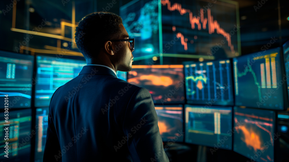 Trader on a stock exchange floor, using AI-powered algorithms and predictive analytics to make split-second investment decisions Trader on a stock exchange floor, using AI-powered algorithms and predictive analytics to make split-second investment decisions