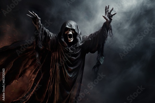 Grim reaper or Death reaching for his victim over dark background with copy space. Halloween Party background | Generative AI