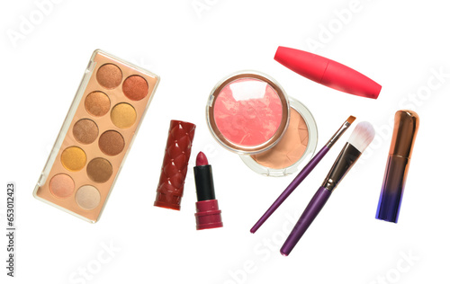 Different decorative cosmetics and brushes on white background