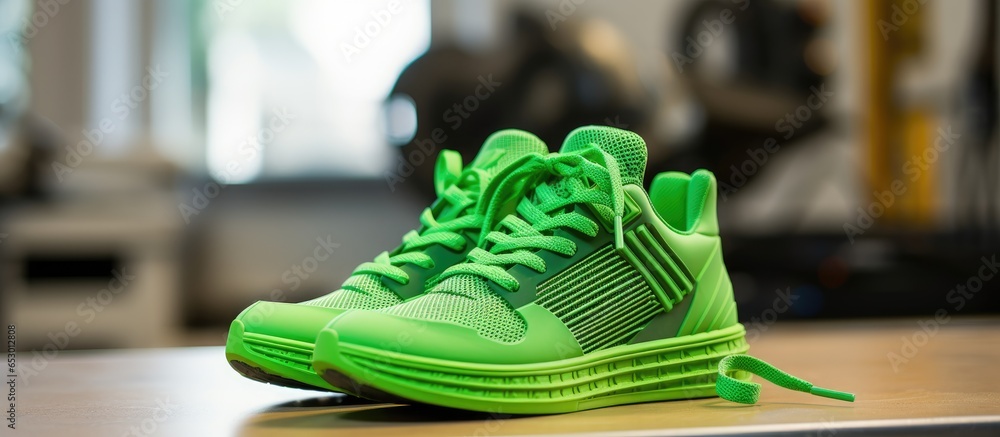 A printer creates a green shoe sole from flexible plastic filament in a comfortable home environment using a direct drive extruder metal print bed grey sneakers and filament spool - obrazy, fototapety, plakaty 