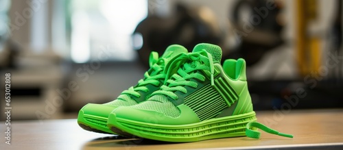 A printer creates a green shoe sole from flexible plastic filament in a comfortable home environment using a direct drive extruder metal print bed grey sneakers and filament spool photo