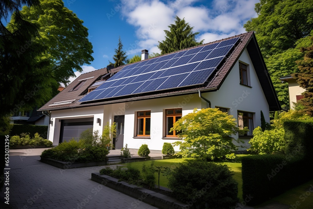 Experience the future of sustainable living with this visual of a modern home, roof adorned with efficient solar panels, harnessing the sun's energy. In the driveway, an electric car charges Experience the future of sustainable living with this visual of a modern home, roof adorned with efficient solar panels, harnessing the sun's energy. In the driveway, an electric car charges