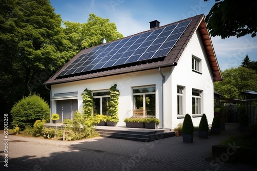 Experience the future of sustainable living with this visual of a modern home, roof adorned with efficient solar panels, harnessing the sun's energy. In the driveway, an electric car charges