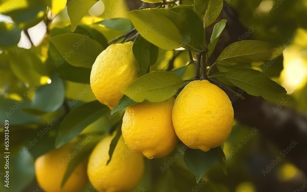 Beautiful fresh lemons growing on a tree with green leaves. Generative AI