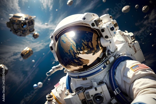 Astronaut in space flying on the moon, Planet Earth from the far in the Universe. Rocket and satelites illustration for science.