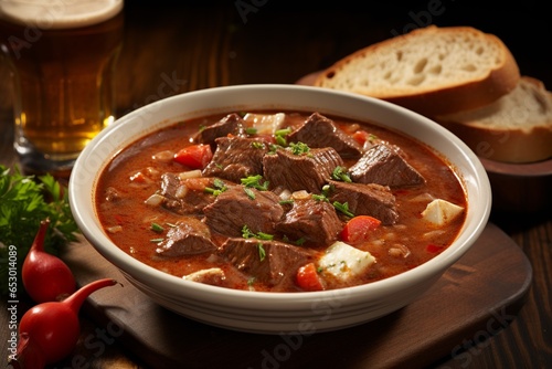 Dive into the rich culinary traditions of Hungary with a beautifully set feast. At its heart, a steaming bowl of goulash, masterfully garnished with fresh herbs. 