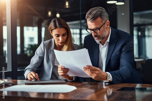 young business woman and middle age businessman discussing work, mature, ceo, excutives - generative ai