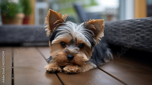 A Cute Yorkshire Terrier Lounging on the Floor  . Pet Dog © Mystikal Forest